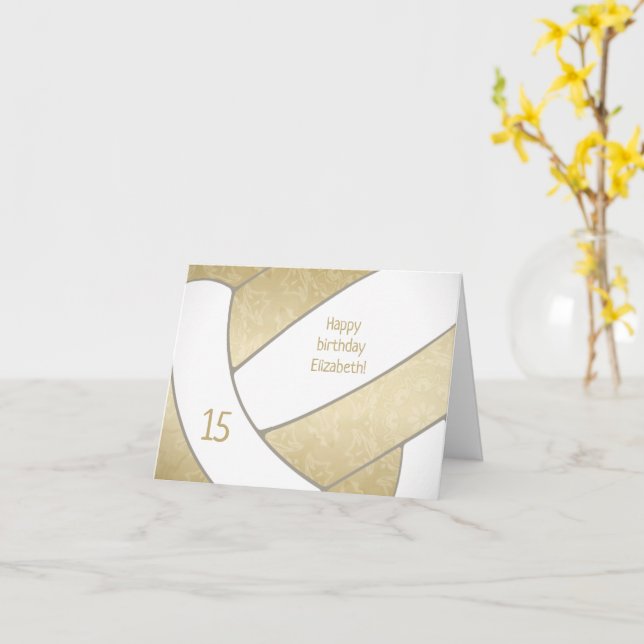 Tarjeta cumpleaños feliz de voleibol blanco dorado (flor amarilla)