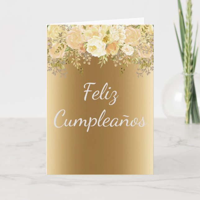 Tarjeta Cumpleaños Feliz Día de Oro de Flor Española (Anverso)