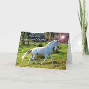 Tarjeta Cumpleaños feliz en noruego, unicornio mágico