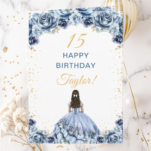 Tarjeta Cumpleaños Feliz Floral Princesa Azul Polvoriento