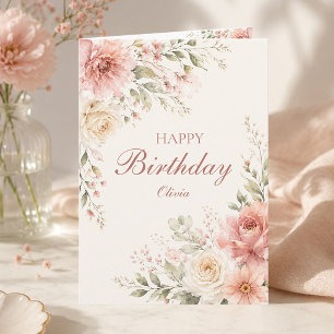 Tarjeta Cumpleaños Feliz Floral Rosa Elegante con Nombre P