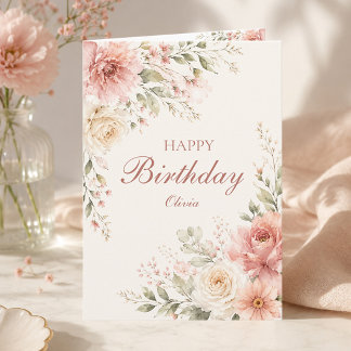 Tarjeta Cumpleaños Feliz Floral Rosa Elegante con Nombre P