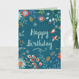 Tarjeta Cumpleaños Feliz Flores Campestres Azules Alegres