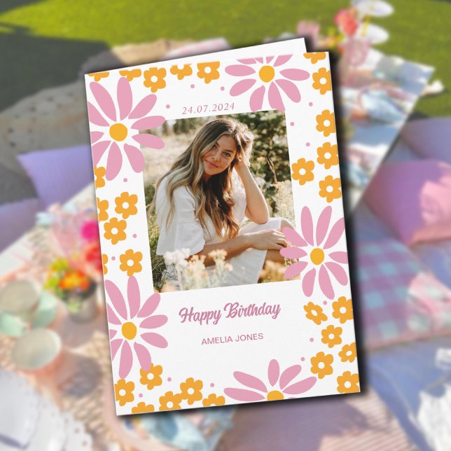 Tarjeta Cumpleaños Feliz Foto Florales Cálidos Daisy (Daisy Warm Florals Photo Happy Birthday Card)