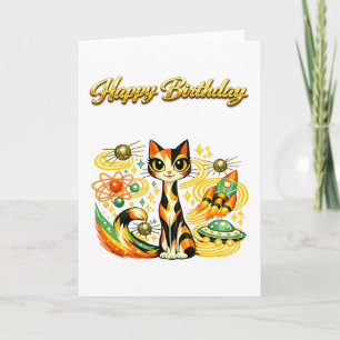 Tarjeta Cumpleaños Feliz Gato Calico de la Era Espacial At
