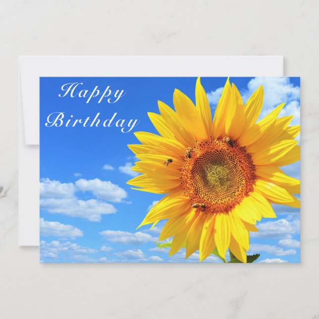 Tarjeta Cumpleaños feliz - Girasol y abejas en el cielo az (Anverso)