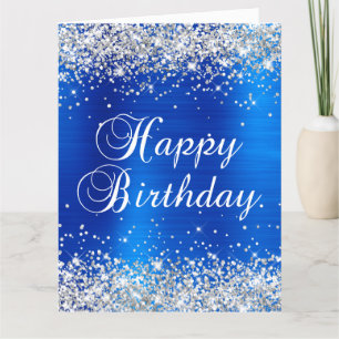 Tarjeta Cumpleaños Feliz Grande Azul Real Brillo Plateado