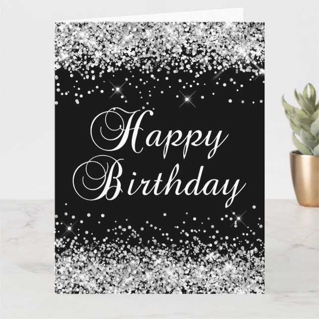 Tarjeta Cumpleaños Feliz Grande Glitter Plateado Negro (Planta pequeña)