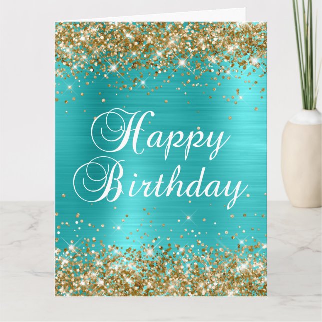 Tarjeta Cumpleaños Feliz Grande Turquesa Azul Brillo Dorad (Anverso)