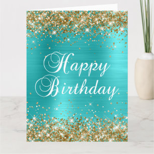 Tarjeta Cumpleaños Feliz Grande Turquesa Azul Brillo Dorad
