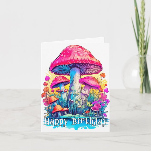 Tarjeta Cumpleaños Feliz Hongos Mágicos (Anverso)