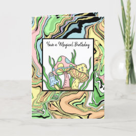 Tarjeta Cumpleaños Feliz Hongos Retro y página para colore