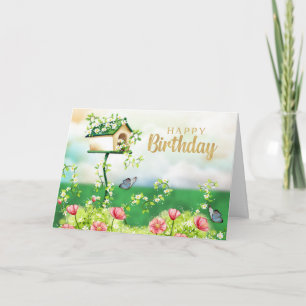 Tarjeta Cumpleaños Feliz Jardín Flores y Casa de Pájaros