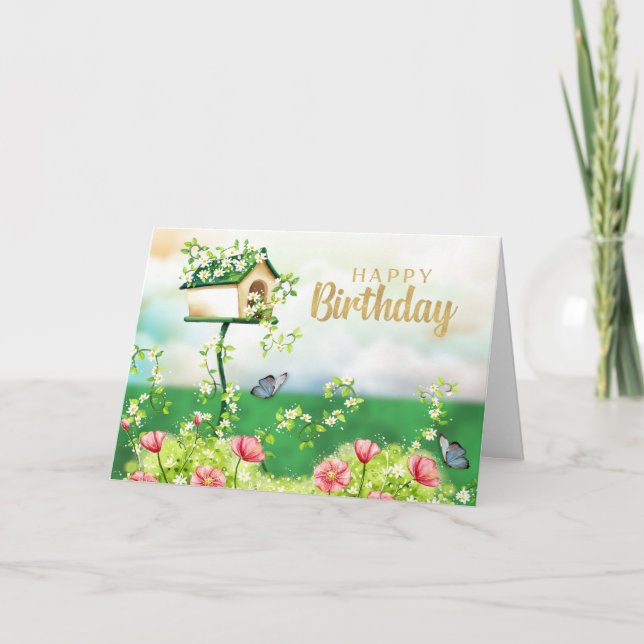 Tarjeta Cumpleaños Feliz Jardín Flores y Casa de Pájaros (Anverso)
