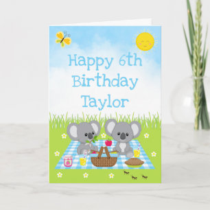 Tarjeta Cumpleaños Feliz Koala Oso Picnic Azul Gingham