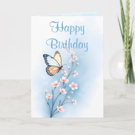 Tarjeta Cumpleaños Feliz Mariposa Flor Acuarela Azul