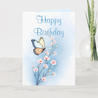 Tarjeta Cumpleaños Feliz Mariposa Flor Acuarela Azul