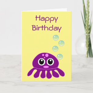 Tarjeta Cumpleaños Feliz Medusa Morada Kawaii Adorable