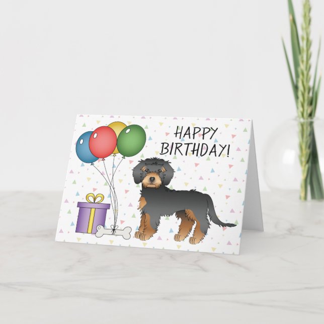 Tarjeta Cumpleaños Feliz Mini Goldendoodle Negro y Caoba (Anverso)