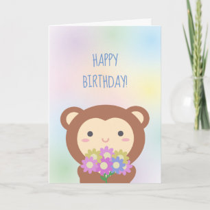 Tarjeta Cumpleaños Feliz Mono Kawaii Lindo y Flores