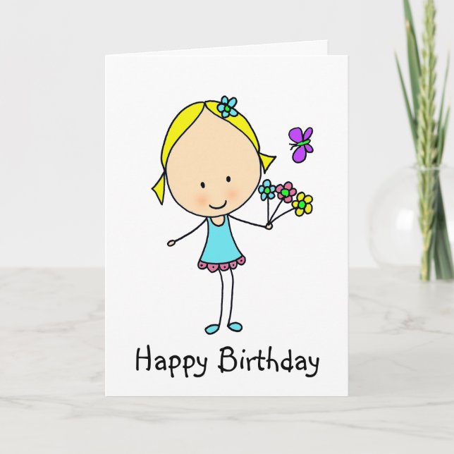 Tarjeta Cumpleaños Feliz Niña Con Flores (Anverso)