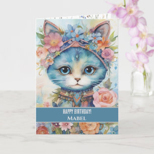 Tarjeta Cumpleaños Feliz Niña Gato Azul Ojos Grandes Flora