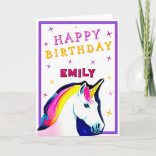 Tarjeta Cumpleaños Feliz Niña Unicornio Colorido Rosa  