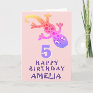 Tarjeta Cumpleaños Feliz Niñas Lagarto Gecko Rosa Lindo
