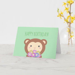 Tarjeta Cumpleaños Feliz Niño Mono Kawaii y Flores