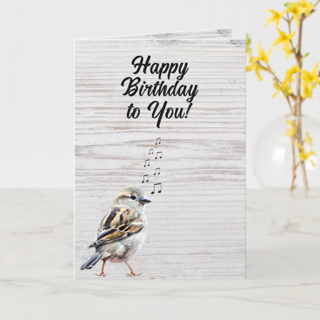 Tarjeta Cumpleaños Feliz Pájaro Cantor Grano de Madera Rús (flor amarilla)