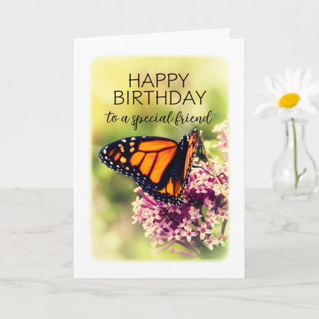 Tarjeta Cumpleaños feliz para un amigo mariposa monarca (Planta pequeña)