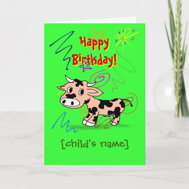 Tarjeta Cumpleaños feliz para un niño con vaca personaliza (Anverso)