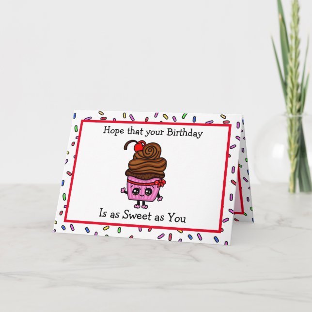Tarjeta Cumpleaños feliz, pastelito y bollo de rociado (Anverso)