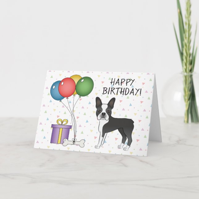 Tarjeta Cumpleaños Feliz Perro Boston Terrier Negro Y Blan (Anverso)