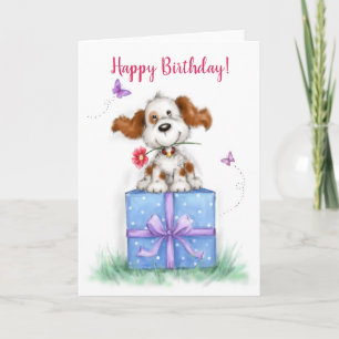 Tarjeta Cumpleaños feliz, perro lindo en paquete de regalo