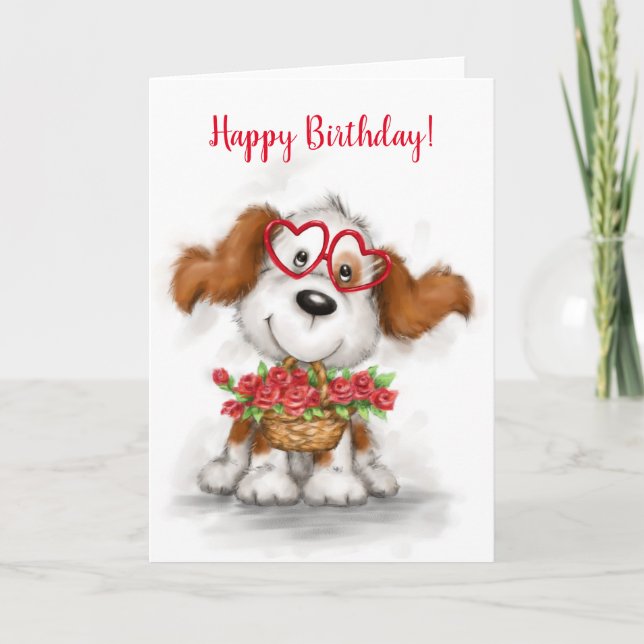Tarjeta Cumpleaños feliz, perro lindo sosteniendo una cest (Anverso)