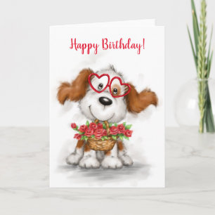 Tarjeta Cumpleaños feliz, perro lindo sosteniendo una cest