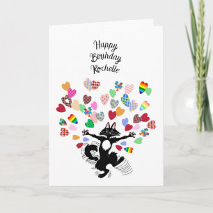 Tarjeta cumpleaños feliz personalizado con gato y corazone