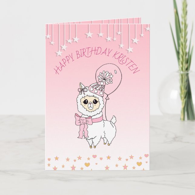 Tarjeta Cumpleaños Feliz Personalizado Niña Llama Rosa Lin (Anverso)
