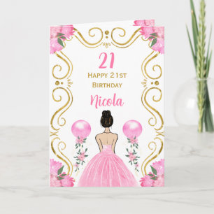 Tarjeta Cumpleaños Feliz Princesa de Cabello Marrón Rosa