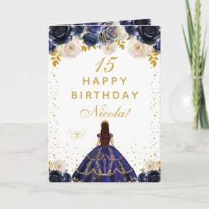 Tarjeta Cumpleaños Feliz Princesa Floral Azul Marino