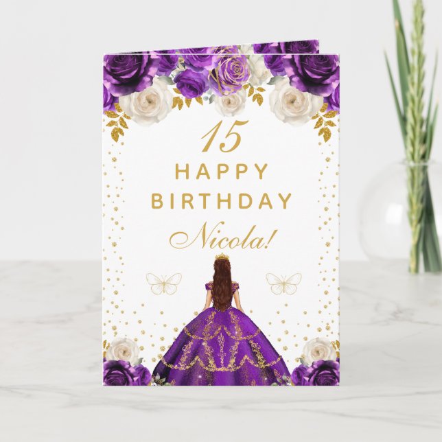 Tarjeta Cumpleaños Feliz Princesa Floral Púrpura (Anverso)