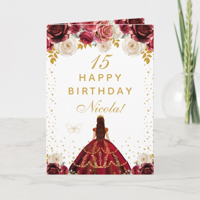 Tarjeta Cumpleaños Feliz Princesa Floral Roja (Anverso)