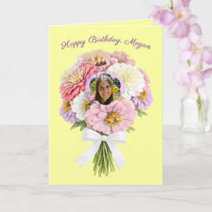Tarjeta Cumpleaños Feliz Ramo Floral de Zinnia con Foto Pe