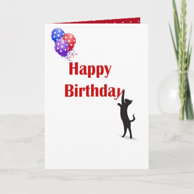 Tarjeta cumpleaños feliz rojo con gato negro (Anverso)