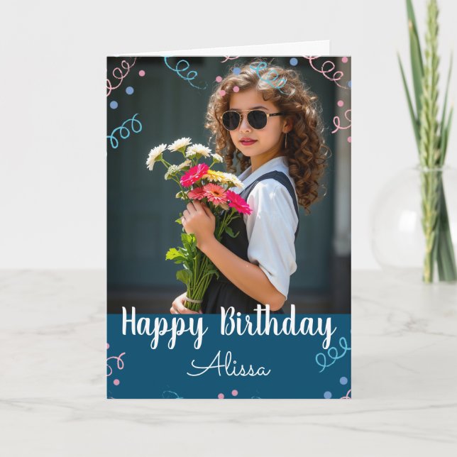 Tarjeta Cumpleaños Feliz Selfie Nombre Personalizado Confe (Anverso)