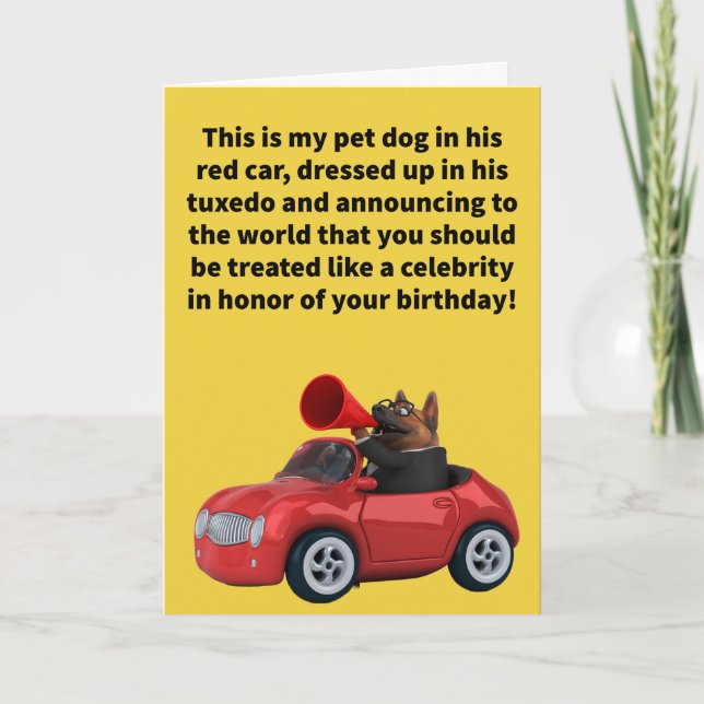 Tarjeta Cumpleaños Feliz Tratamiento de Mascota Coche Rojo (Anverso)