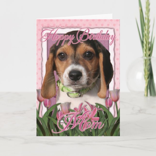 Tarjeta Cumpleaños feliz - Tulipanes rosados - Cachorro be (Anverso)