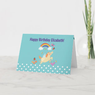 Tarjeta Cumpleaños Feliz Unicornio Arcoíris Nubes y Flores