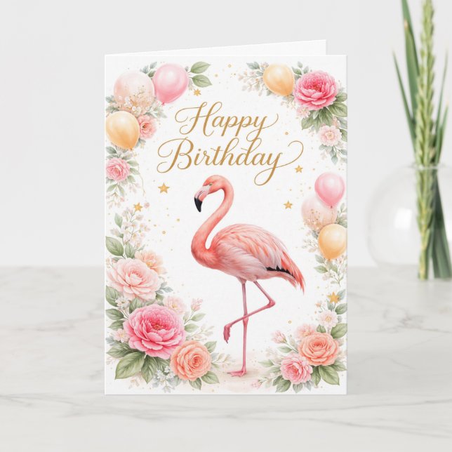 Tarjeta Cumpleaños Flamingo Rosa Vintage (Anverso)